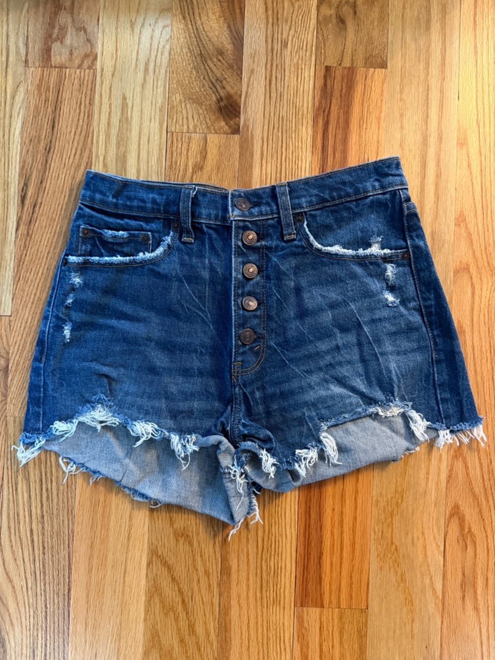 Abercrombie & Fitch High-Waist Dark Blue Distressed Denim Shorts Size 27/4